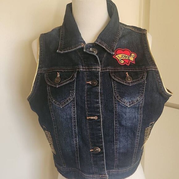 C'est Toi Upcycled Denim Vest, "Love and Peace", 3XL - Picture 1 of 8